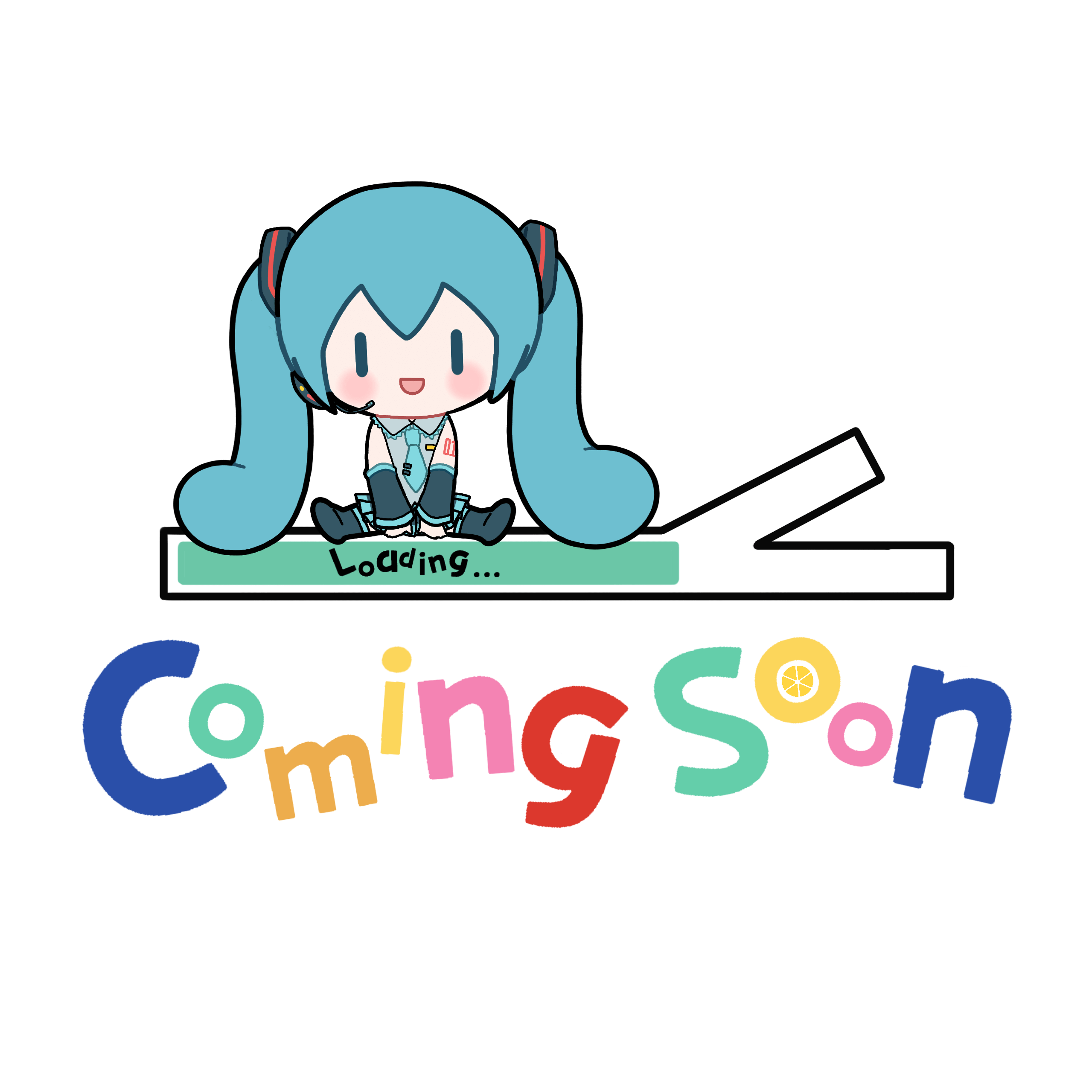 Illustration of a cute chibi character resembling Hatsune Miku, sitting on a loading bar labeled 'Loading...'. Below it, the text 'Coming Soon' is written in colorful, playful letters.