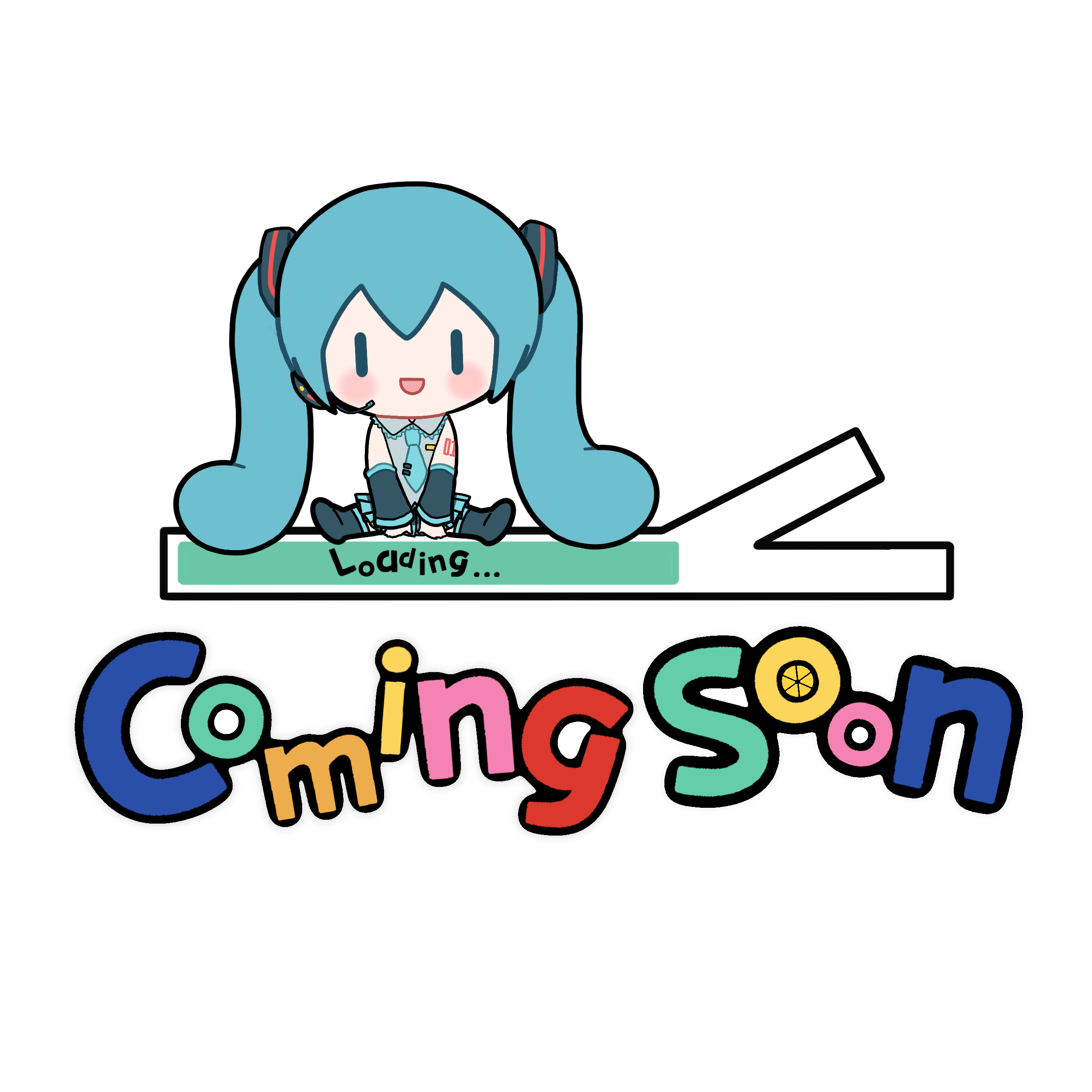 Illustration of a cute chibi character resembling Hatsune Miku, sitting on a loading bar labeled 'Loading...'. Below it, the text 'Coming Soon' is written in colorful, playful letters.